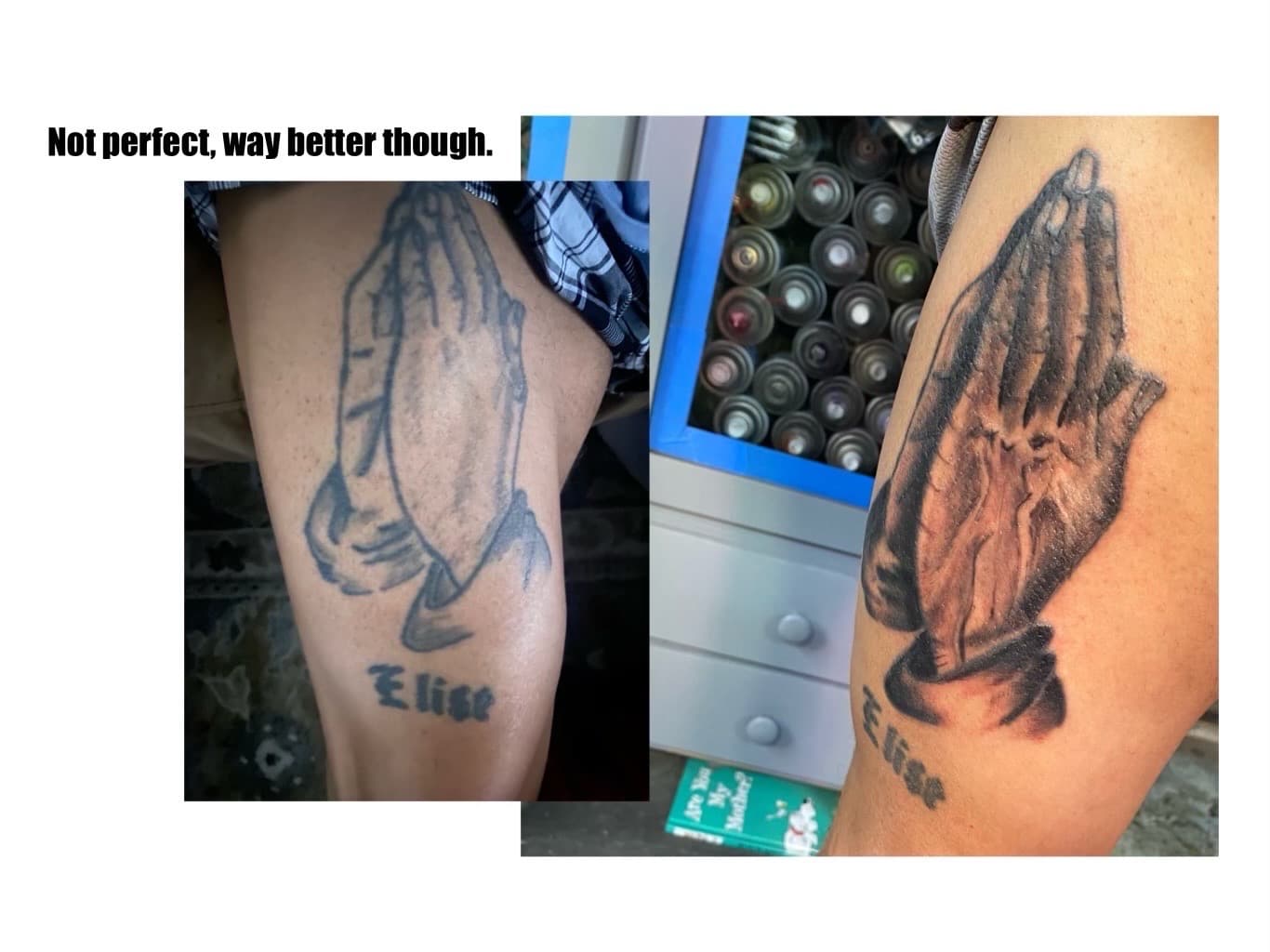 Black & Grey + Lettering praying hands tattoo on Thigh by The_Supplier_Tattoo on TattMe