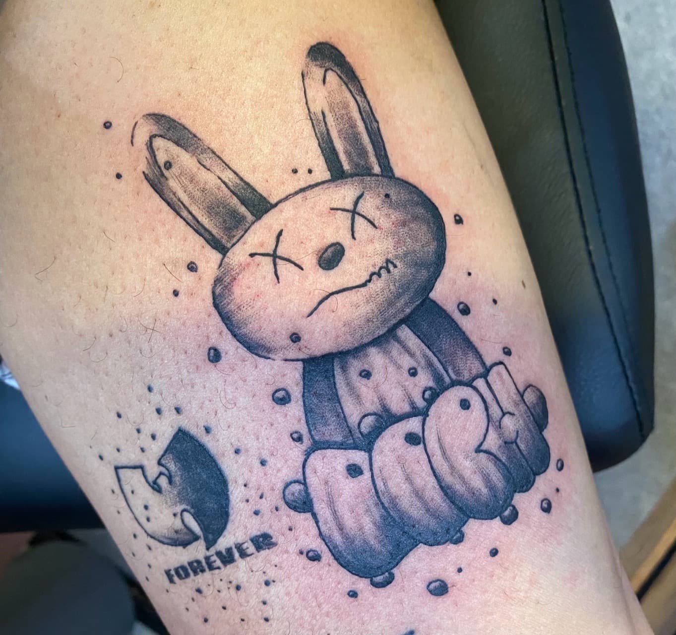 Black & Grey + Illustrative bunny tattoo on Calf by The_Supplier_Tattoo on TattMe