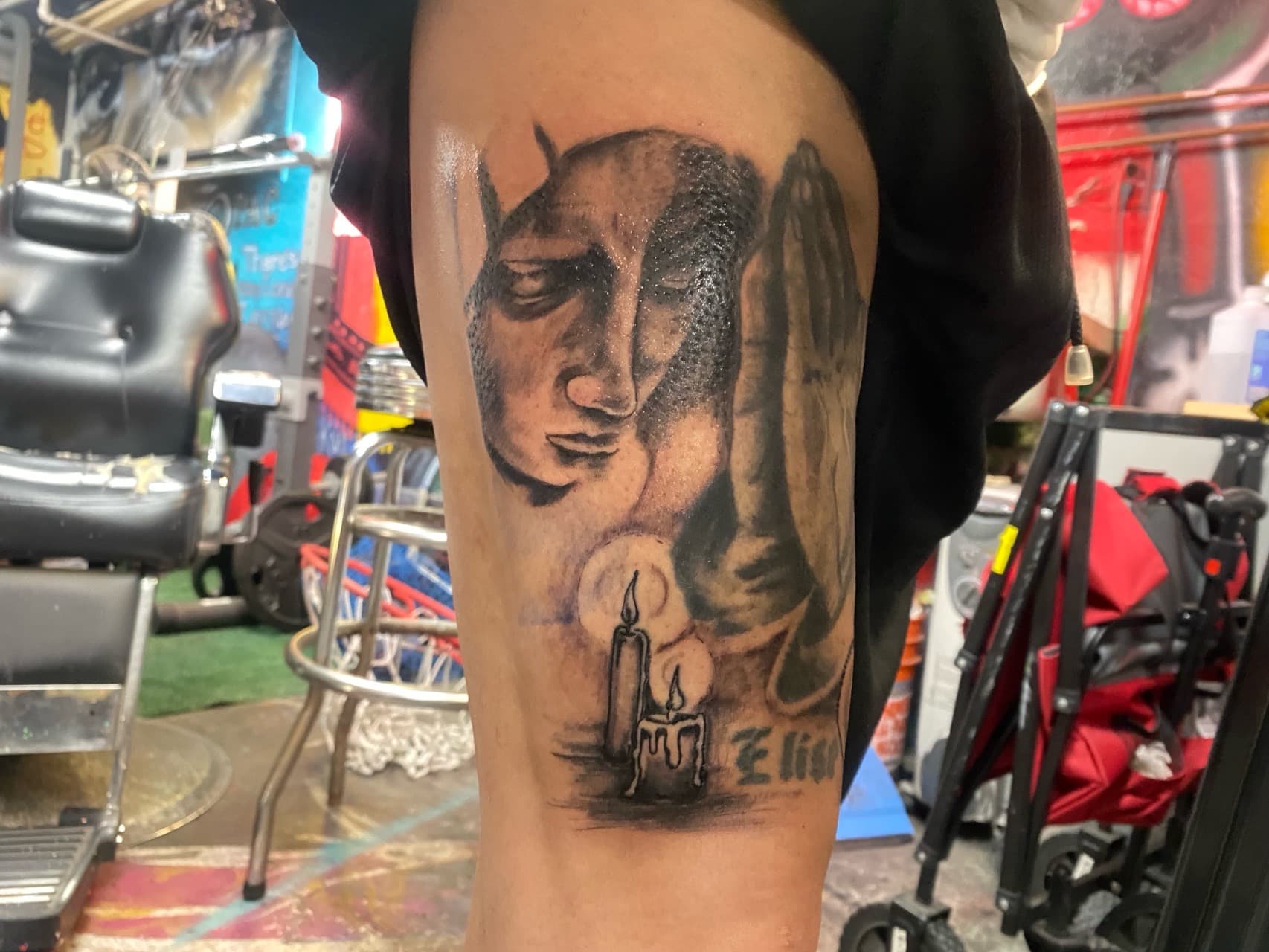 Black & Grey + Realism praying hands tattoo on Thigh by The_Supplier_Tattoo on TattMe
