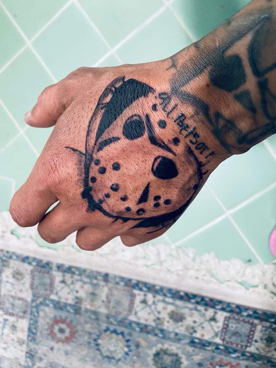 Black-work + Pop Culture jason mask tattoo on Hand by The_Supplier_Tattoo on TattMe