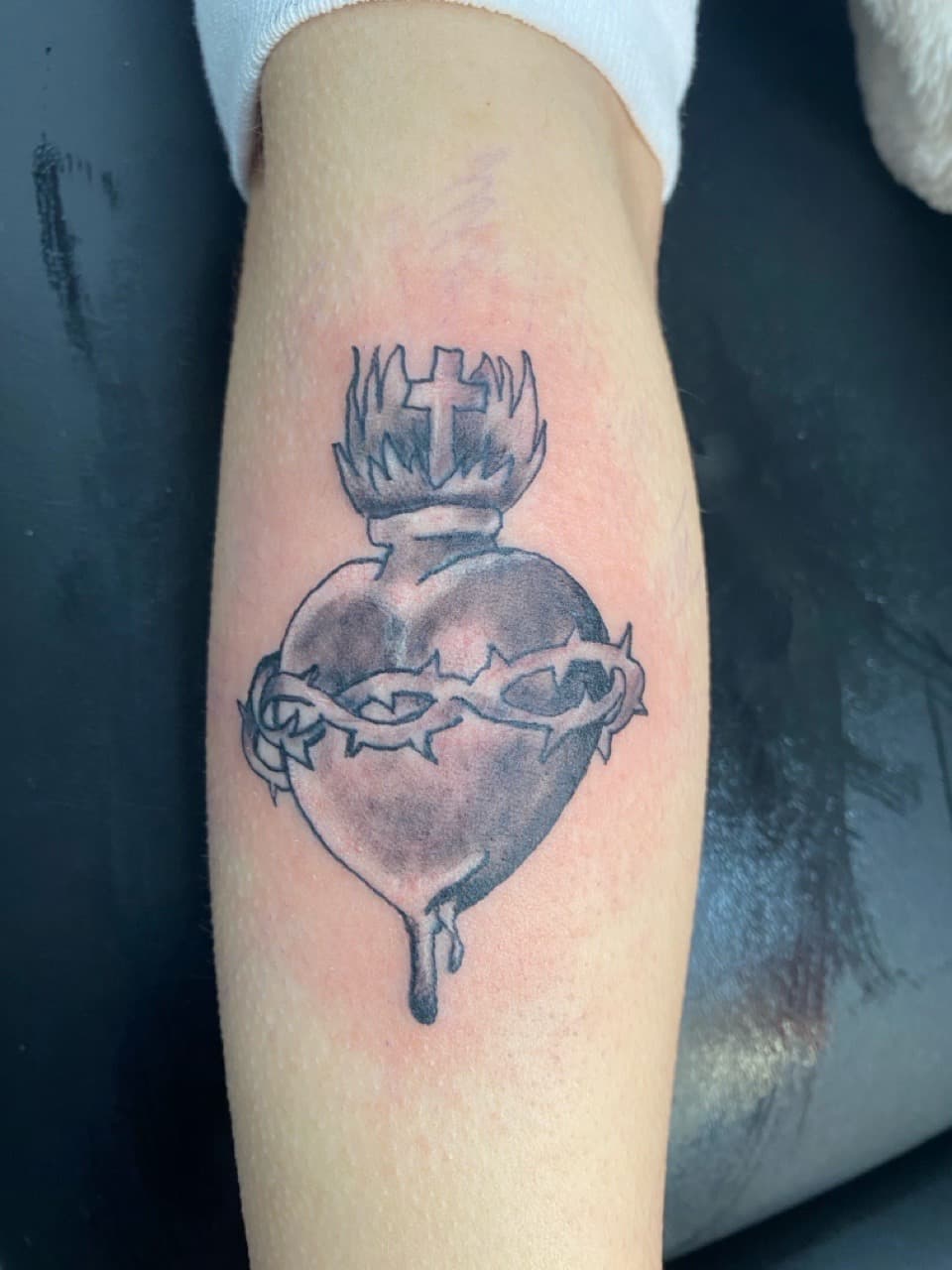 Black & Grey + Religious heart tattoo on Calf by The_Supplier_Tattoo on TattMe