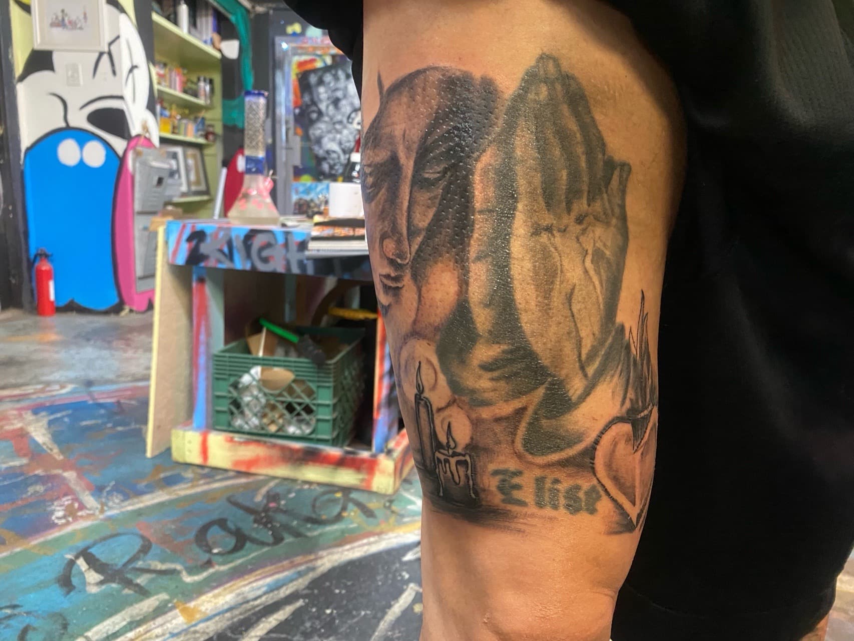 Black & Grey + Realism praying hands tattoo on Thigh by The_Supplier_Tattoo on TattMe