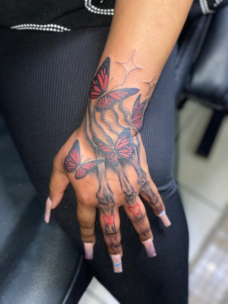 Black & Grey + Color skeleton tattoo on Hand by Juu on TattMe