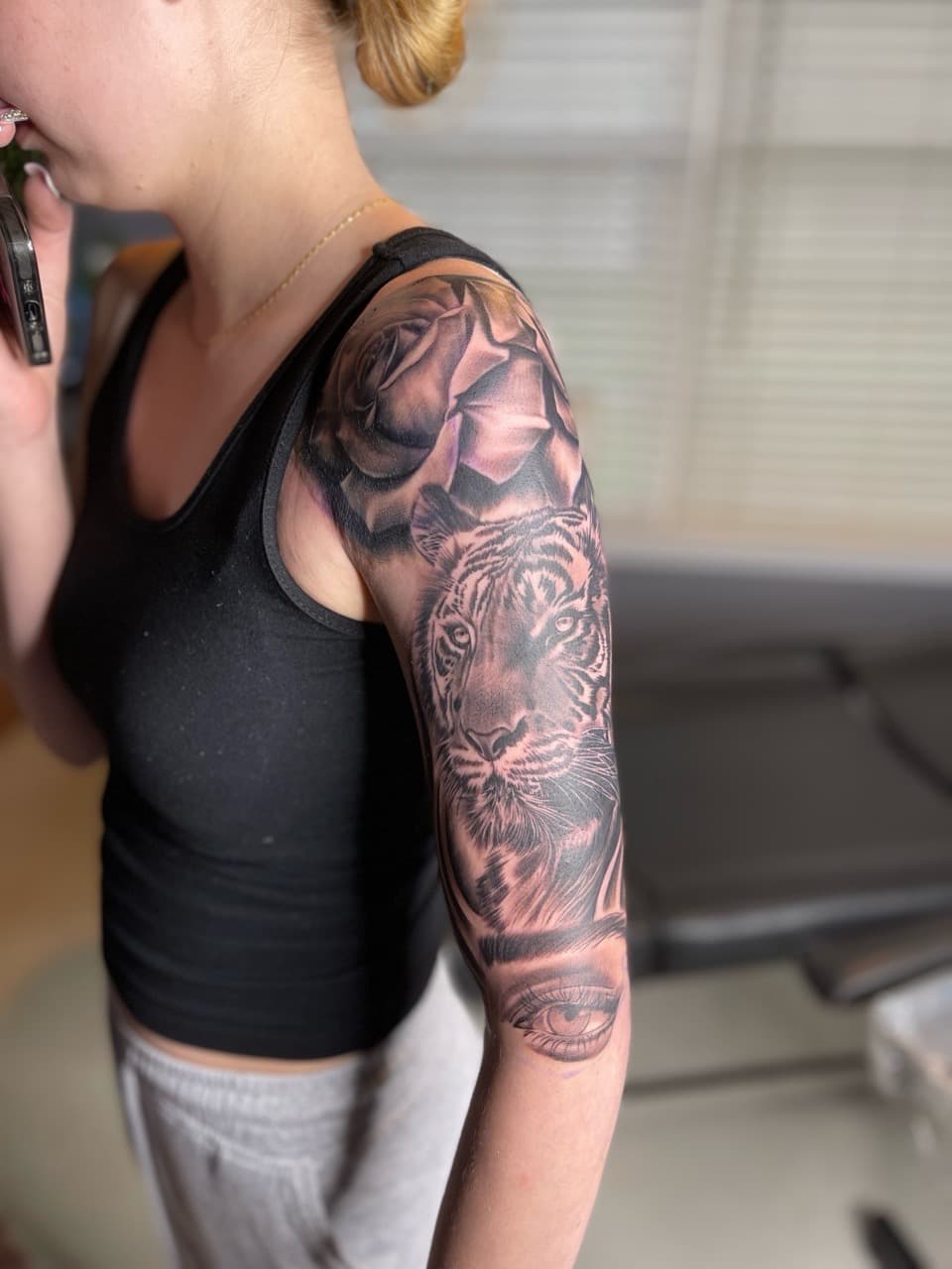 Black & Grey + Realism tiger tattoo on Half Sleeve by Juu on TattMe
