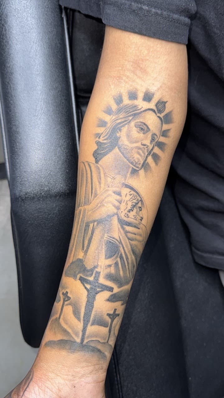Black & Grey + Religious jesus tattoo on Forearm by Juu on TattMe