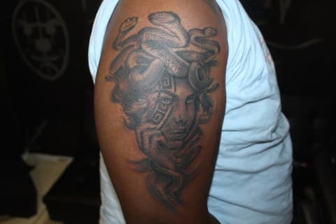 Black & Grey + Realism medusa tattoo on Upper Arm by Juu on TattMe