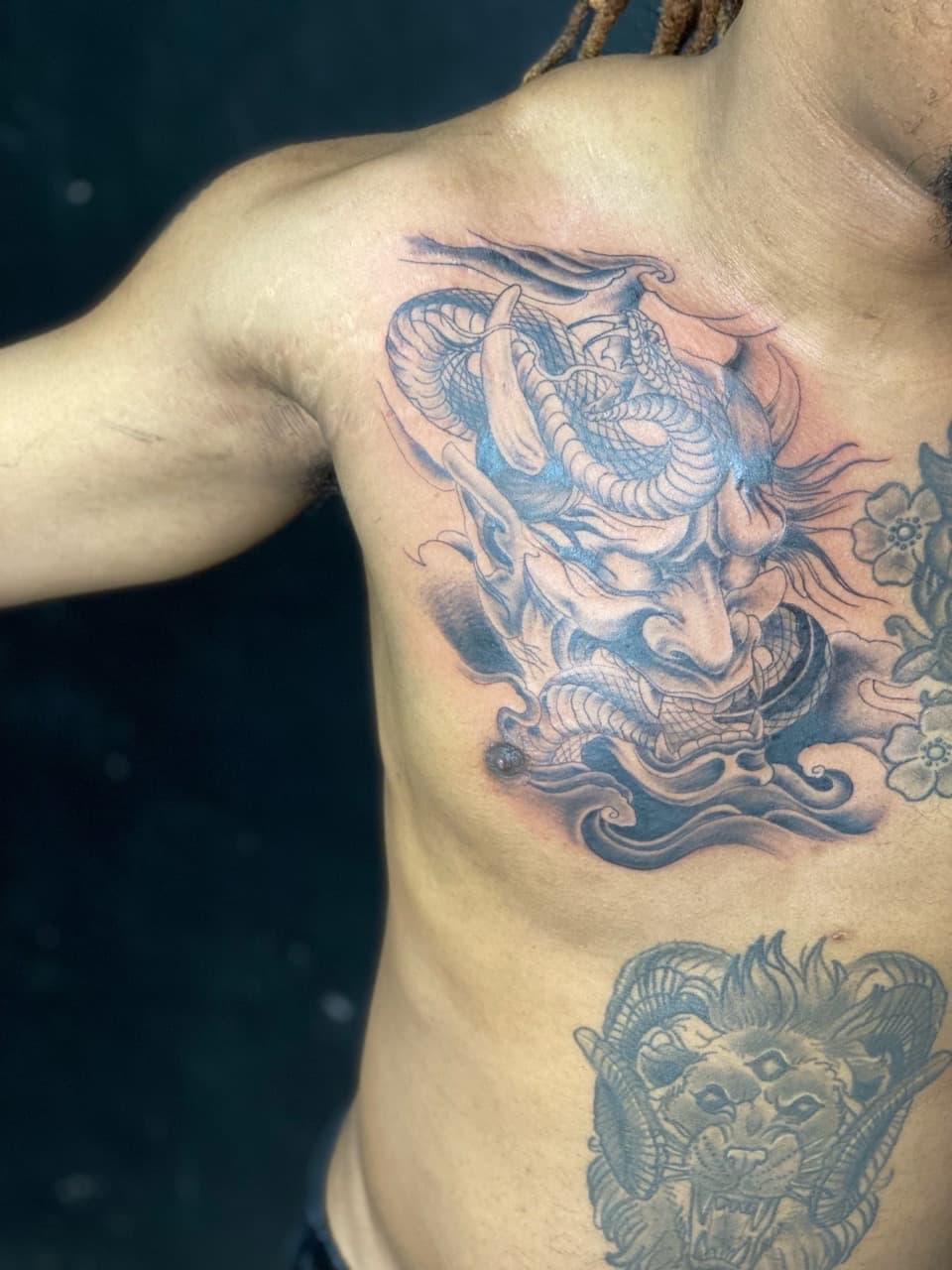 Japanese + Black & Grey oni mask tattoo on Chest by Juu on TattMe