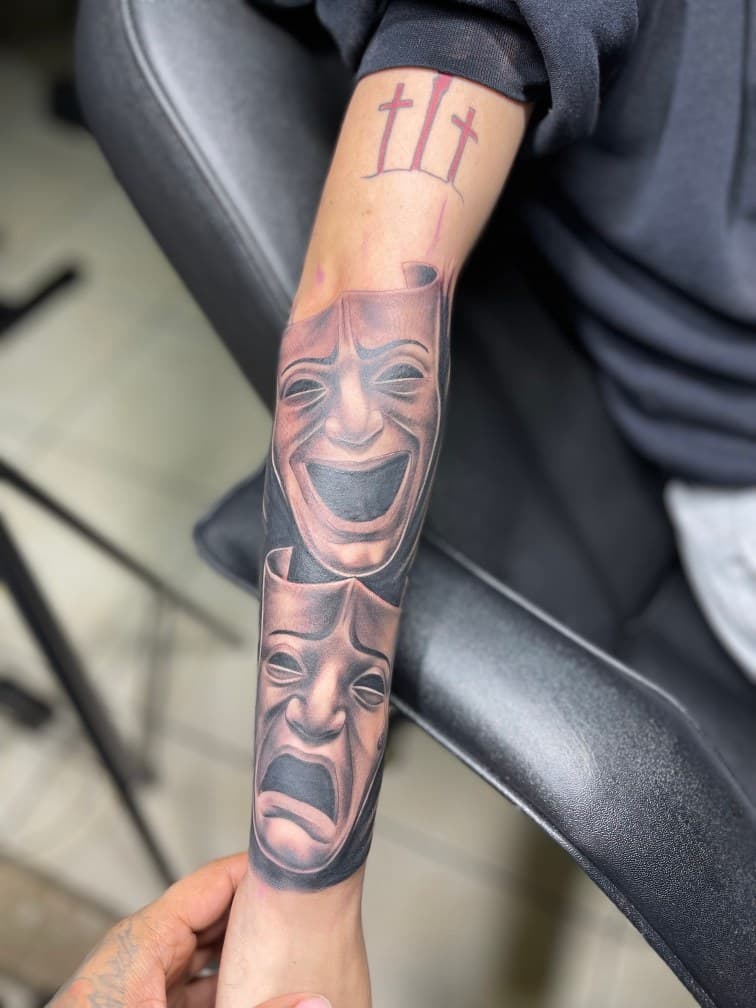 Black & Grey + Realism masks tattoo on Forearm by Juu on TattMe