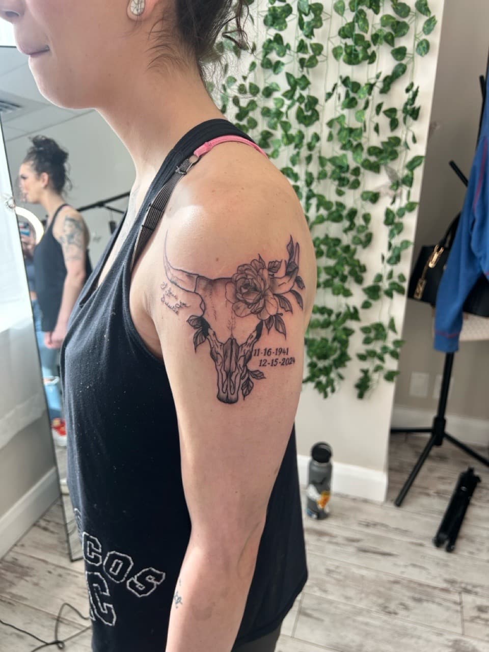Black & Grey + Illustrative bull skull tattoo on Shoulder by Babygirl_Ink on TattMe