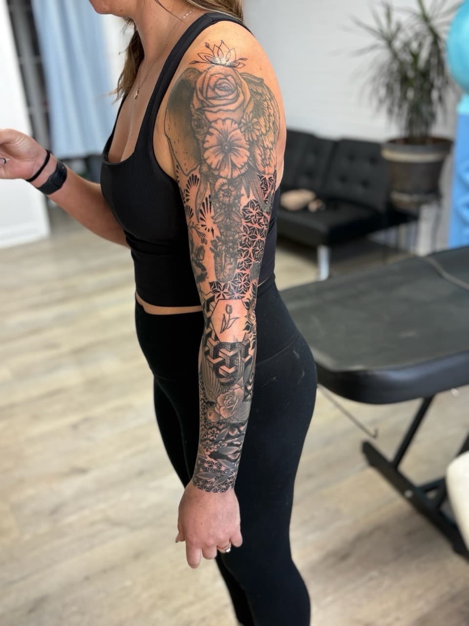 Black & Grey + Floral elephant tattoo on Full Sleeve by Babygirl_Ink on TattMe