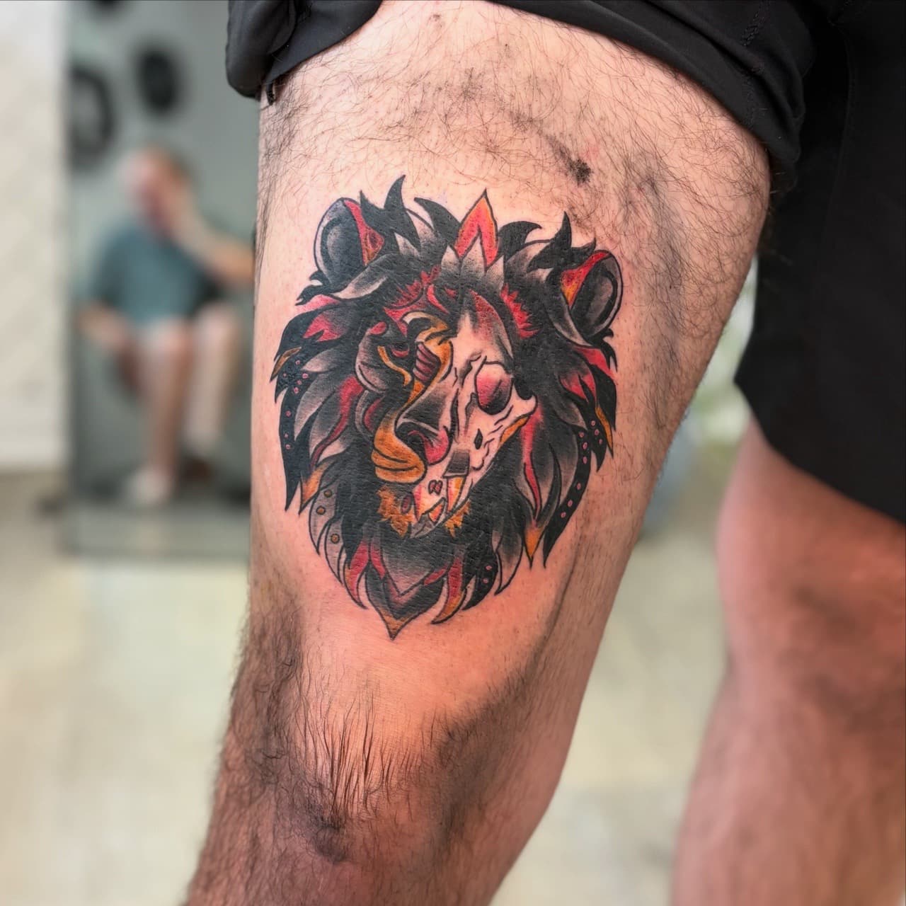 Traditional + Neo-Traditional lion tattoo on Thigh by Babygirl_Ink on TattMe
