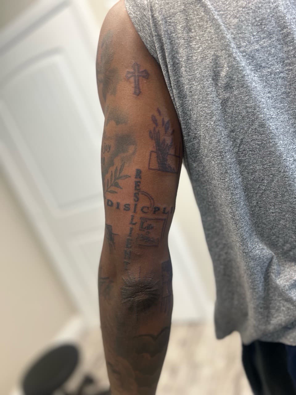 Black-work + Lettering cross tattoo on Half Sleeve by Babygirl_Ink on TattMe