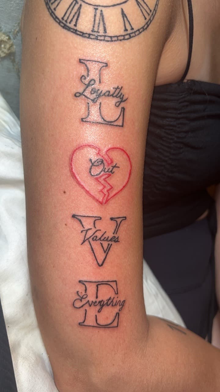 Lettering + Script words tattoo on Upper Arm by ink_queens_VICTORIA on TattMe