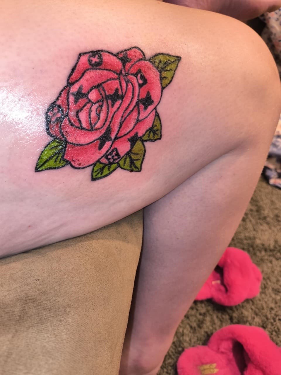 Traditional + Color rose tattoo on Thigh by ink_queens_VICTORIA on TattMe