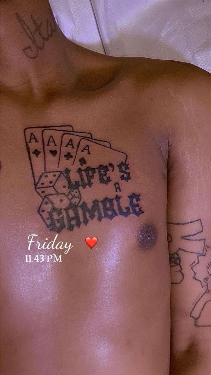 Black & Grey + Lettering gambling tattoo on Chest by ink_queens_VICTORIA on TattMe