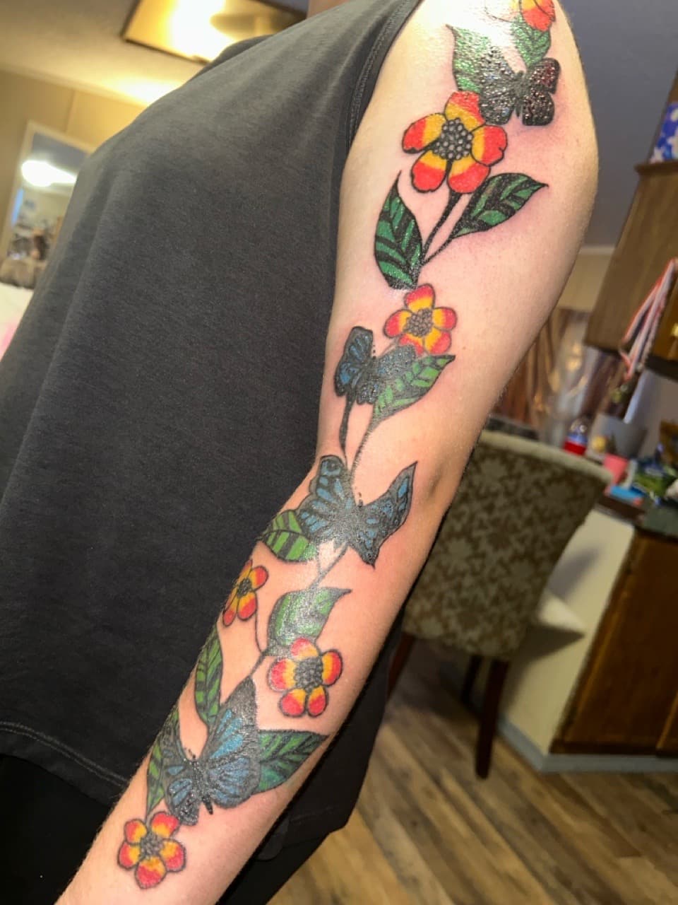 Color + Floral flowers tattoo on Full Sleeve by ink_queens_VICTORIA on TattMe