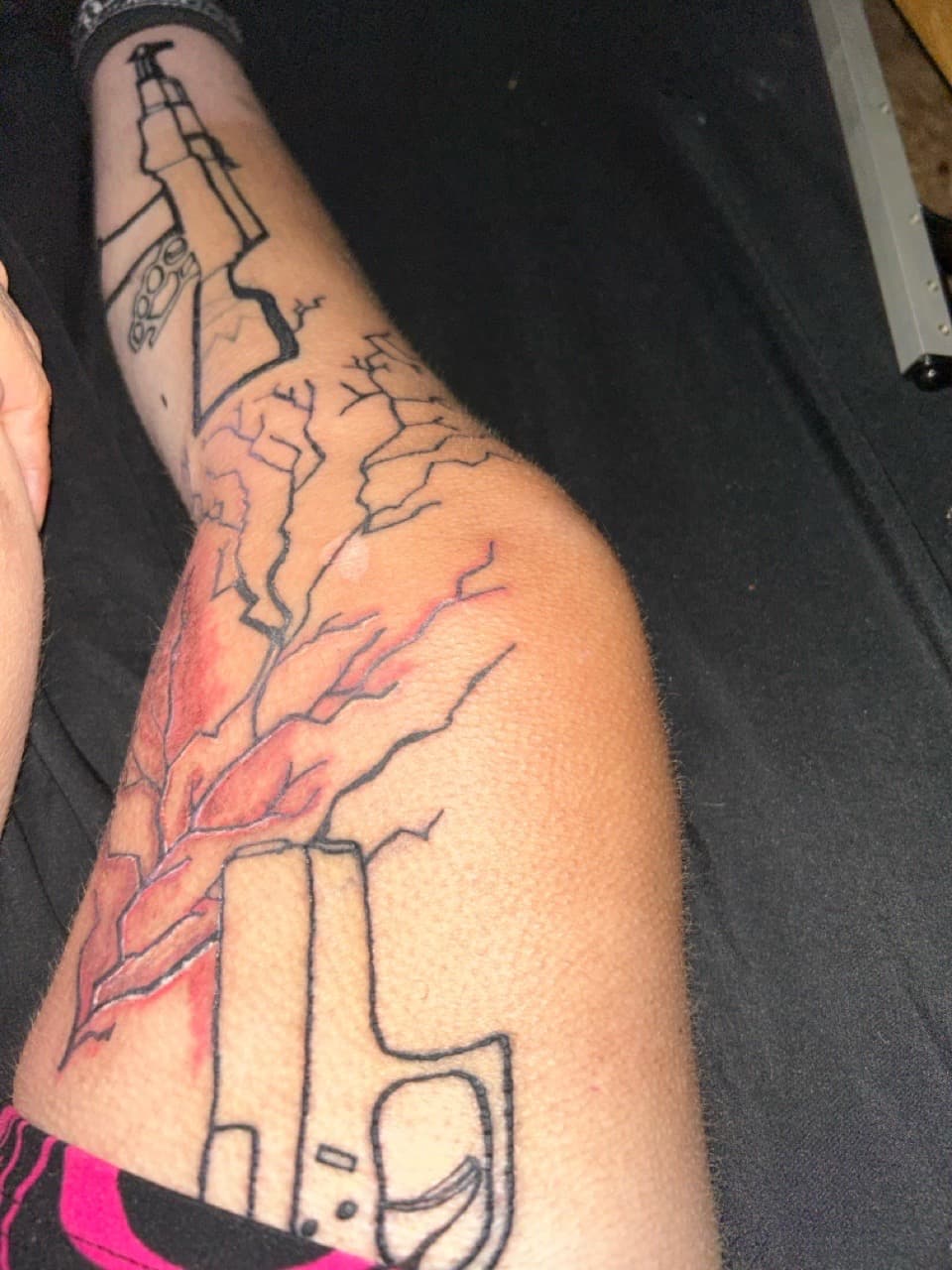 Line-work + Black-work gun tattoo on Forearm by ink_queens_VICTORIA on TattMe