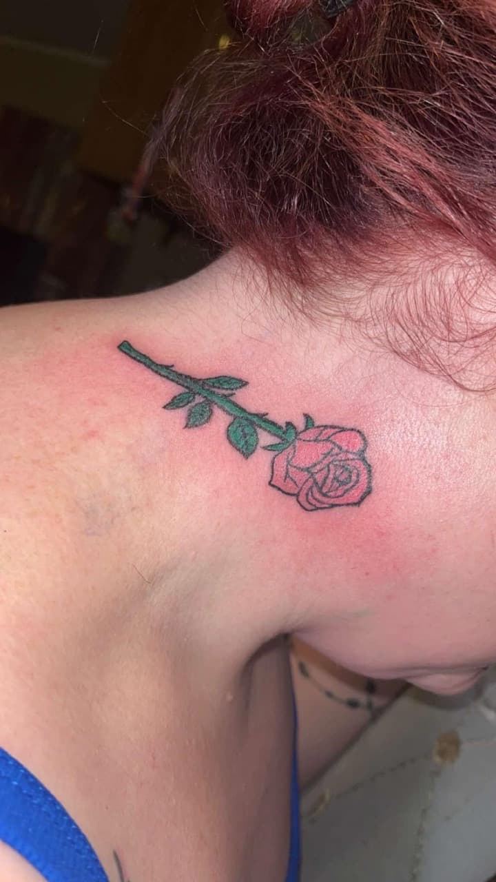 Floral + Color rose tattoo on Upper Back by ink_queens_VICTORIA on TattMe