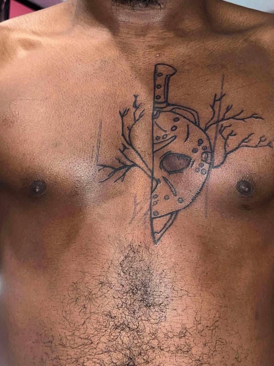 Black-work + Line-work mask tattoo on Chest by ink_queens_VICTORIA on TattMe
