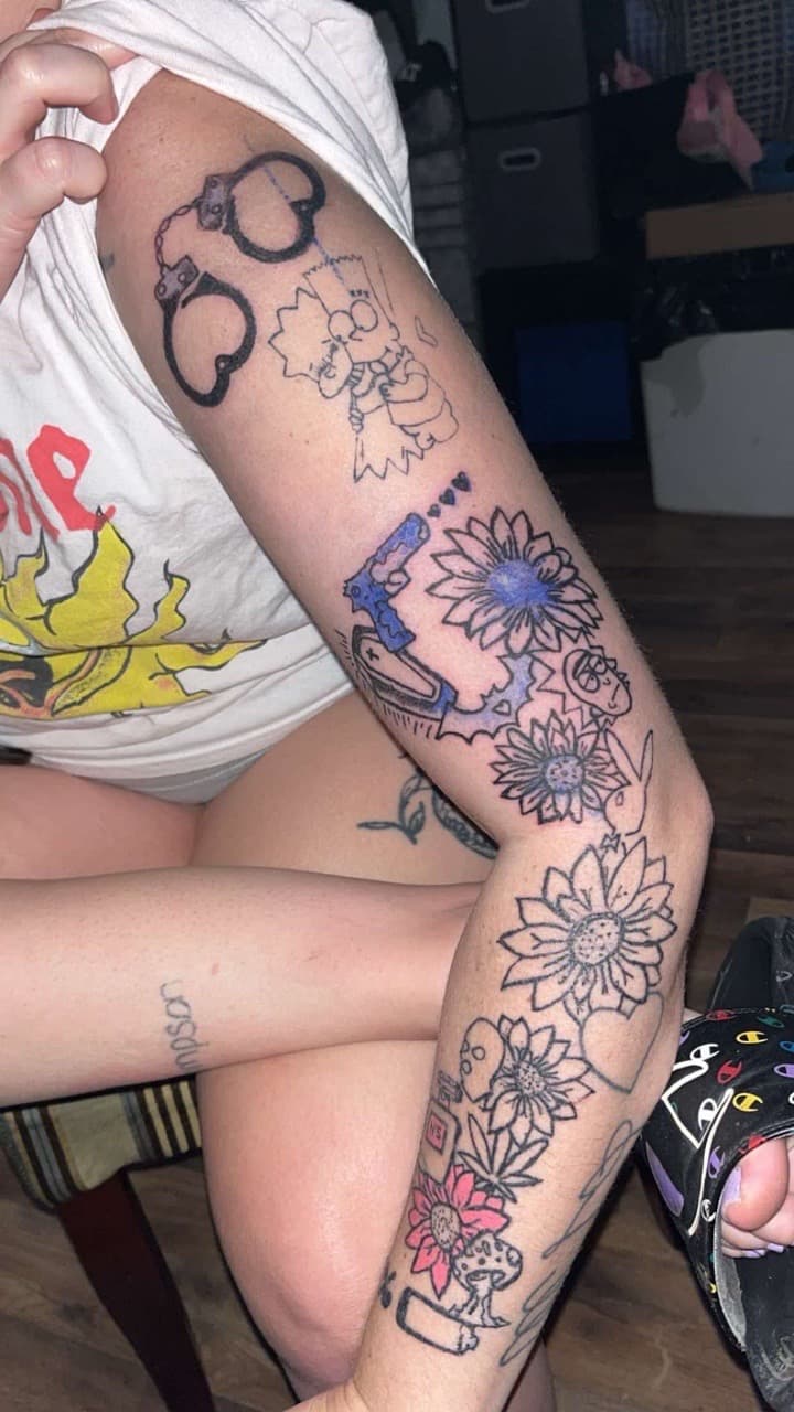 Line-work + Black-work handcuffs tattoo on Full Sleeve by ink_queens_VICTORIA on TattMe