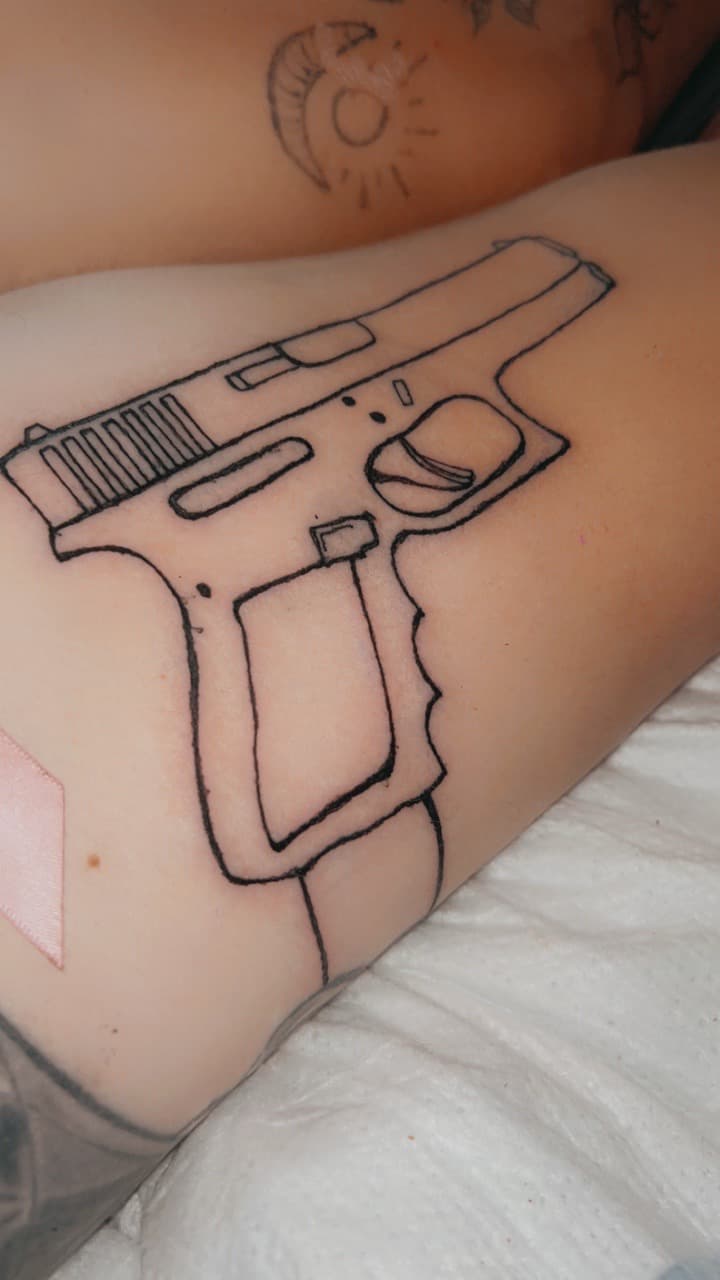 Fine Line + Line-work handgun tattoo on Upper Arm by ink_queens_VICTORIA on TattMe