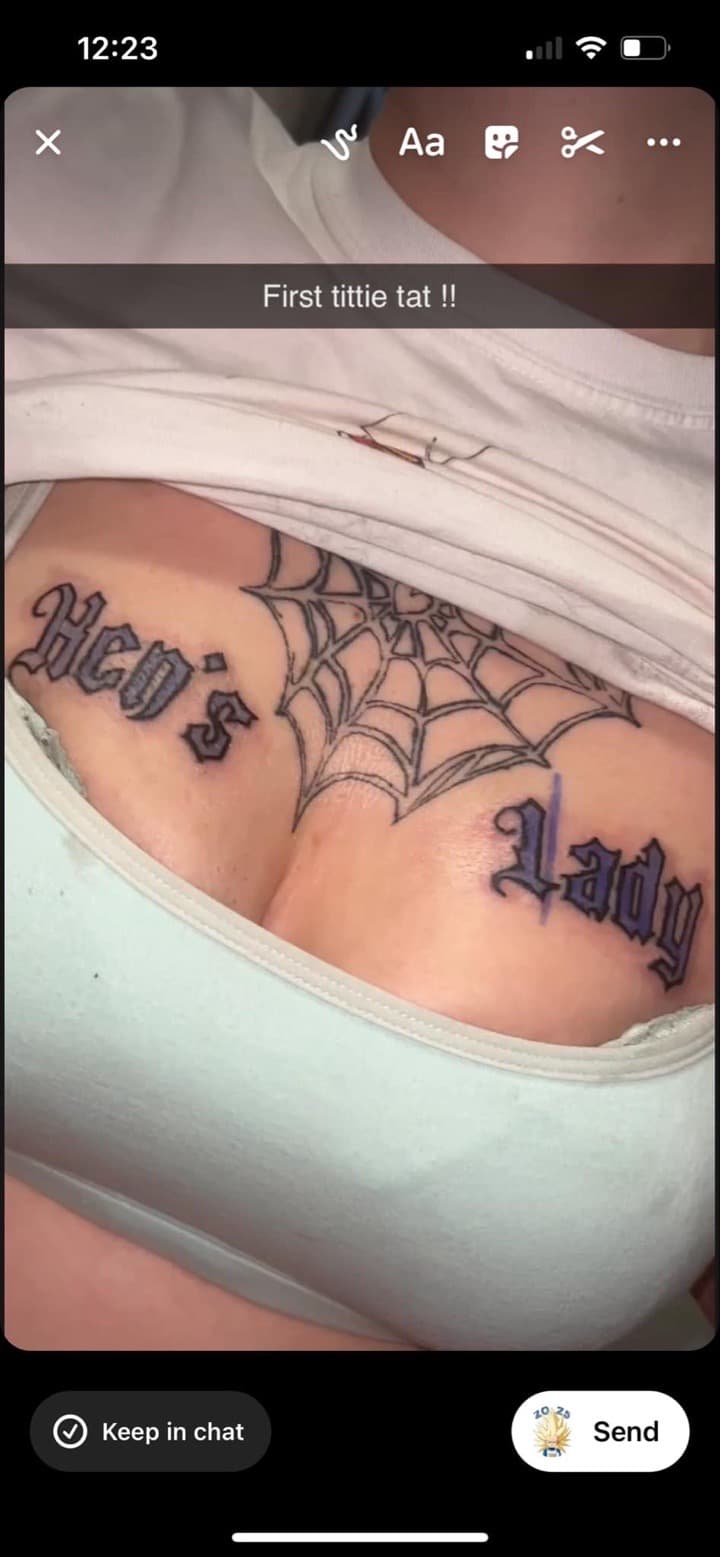 Lettering + Black-work spiderweb tattoo on Sternum by ink_queens_VICTORIA on TattMe