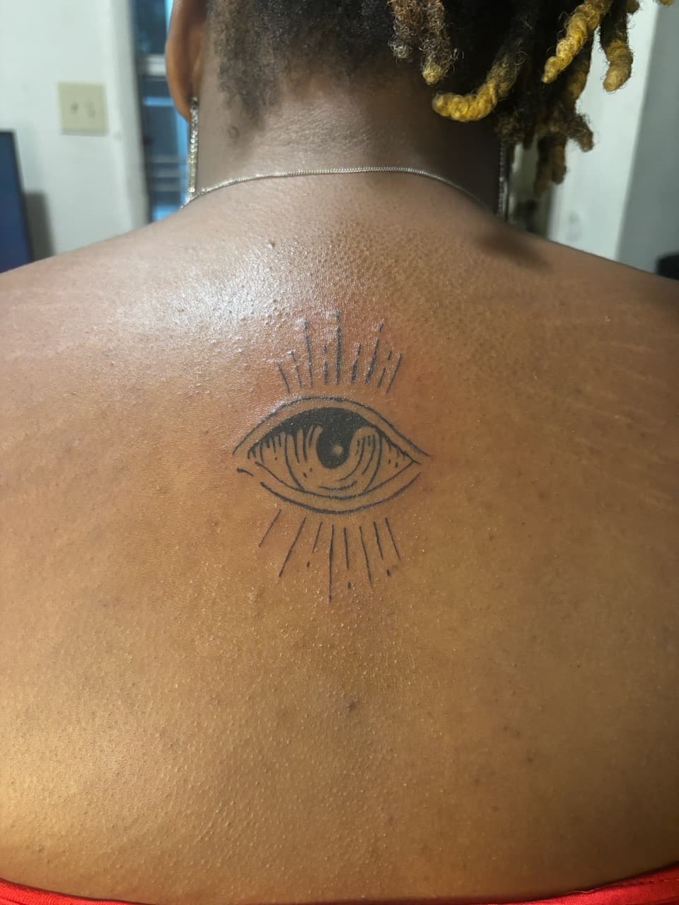 Fine Line + Black-work eye tattoo on Upper Back by Mr_I_Can_Do_Tattoos on TattMe