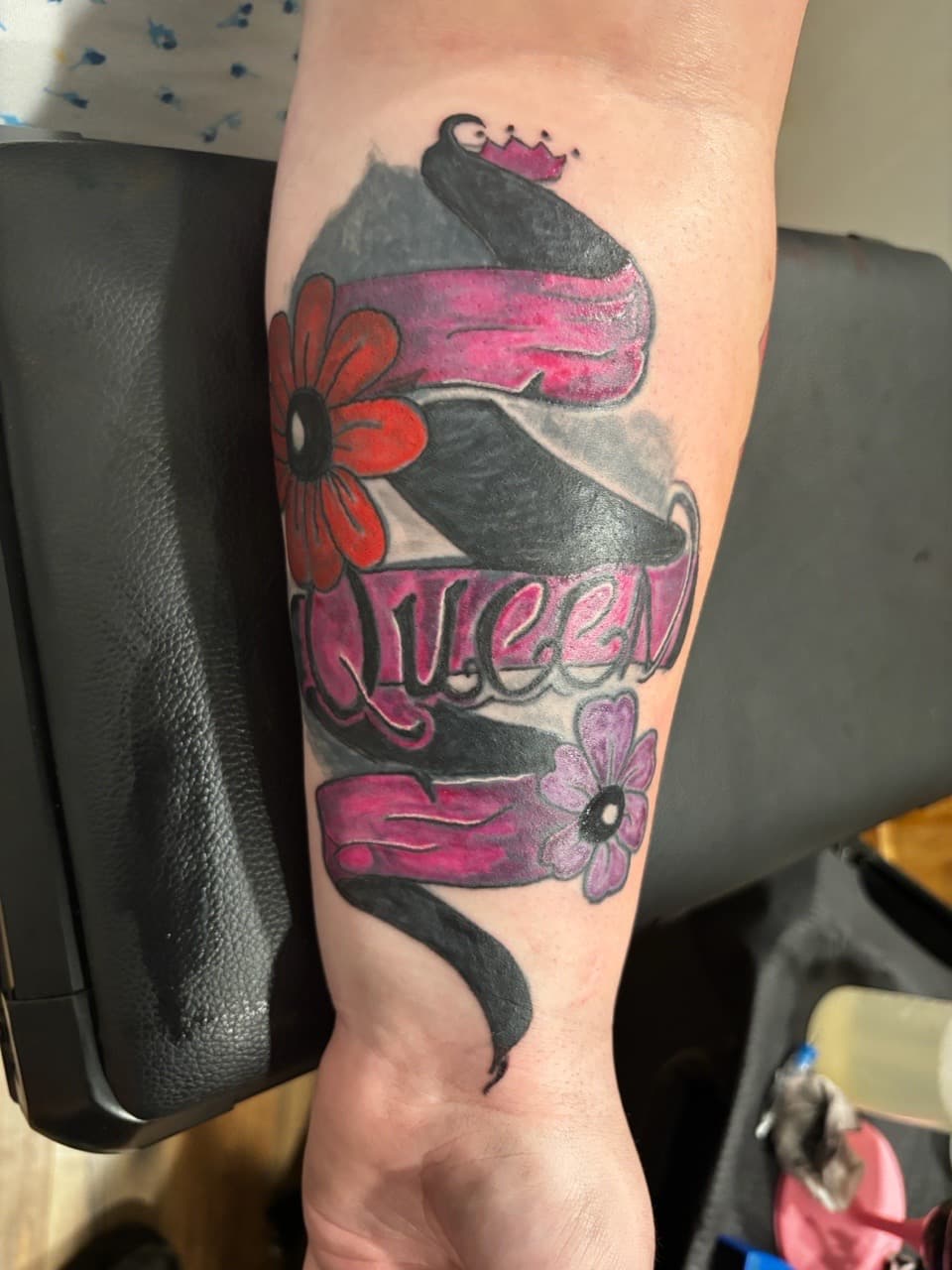 Color + Floral banner tattoo on Forearm by Mr_I_Can_Do_Tattoos on TattMe