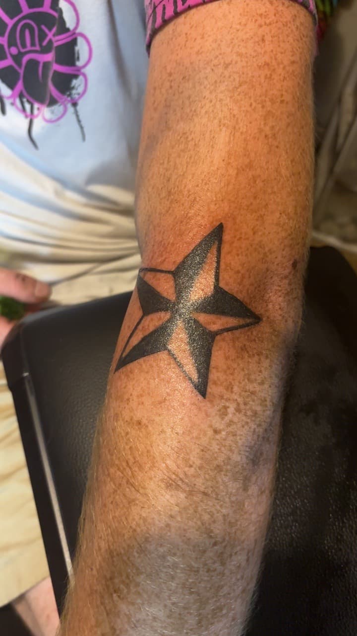 Traditional + Black-work star tattoo on Forearm by Mr_I_Can_Do_Tattoos on TattMe
