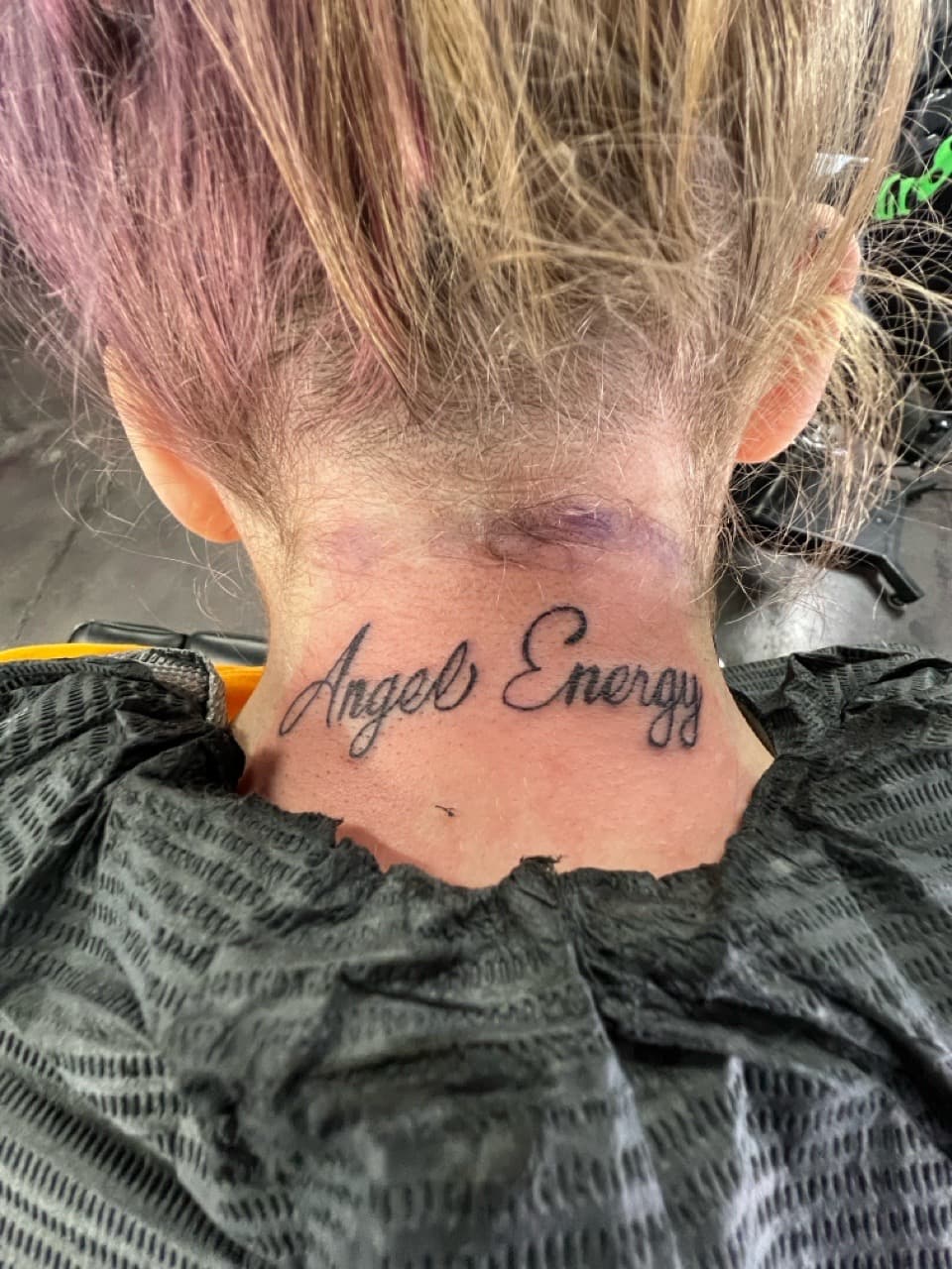 Lettering + Script angel tattoo on Neck (Back) by Sierato_Tattoos on TattMe