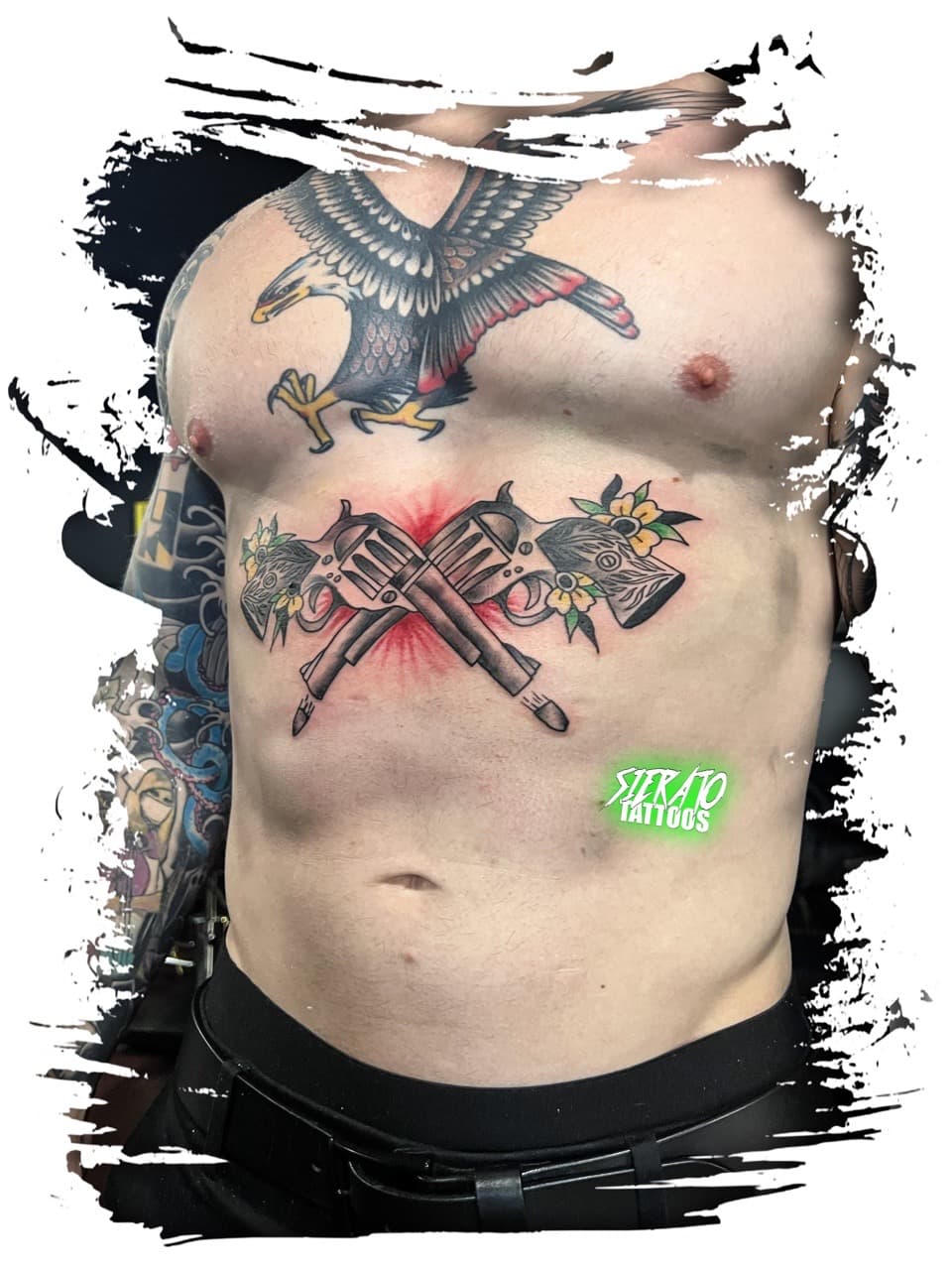 American Traditional + Traditional revolvers tattoo on Stomach by Sierato_Tattoos on TattMe