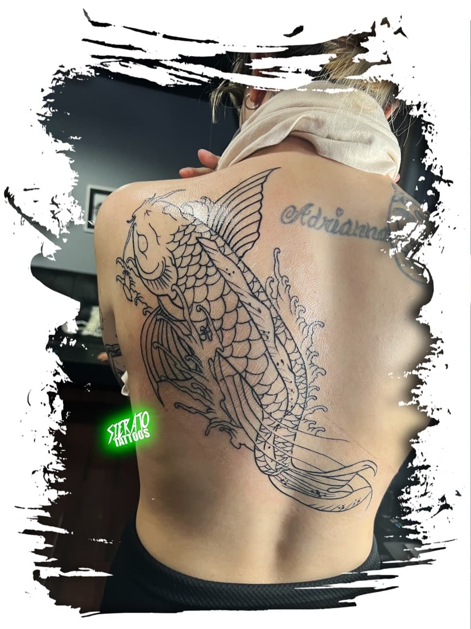 Japanese + Line-work koi tattoo on Upper Back by Sierato_Tattoos on TattMe