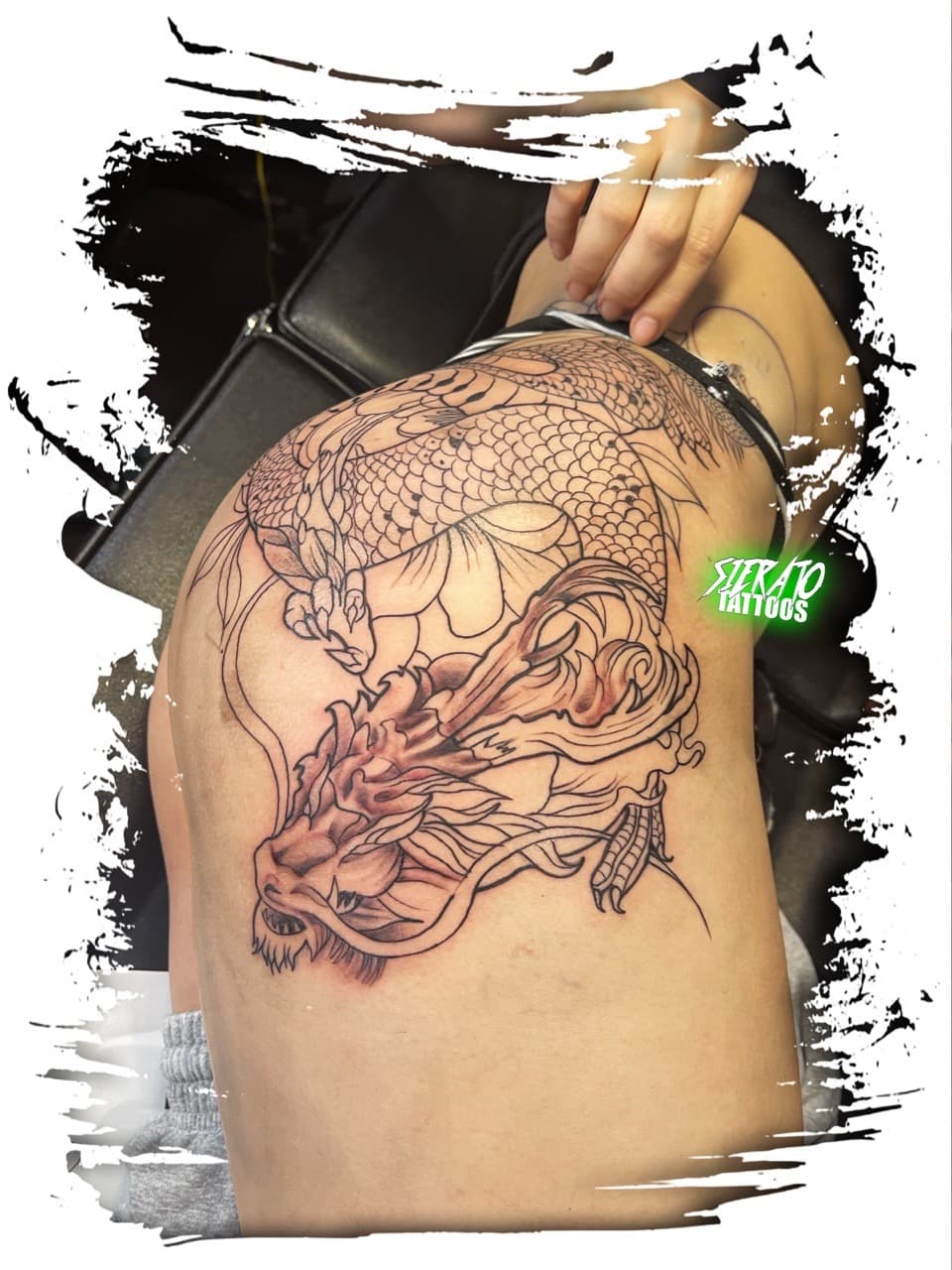 Japanese + Line-work dragon tattoo on Thigh by Sierato_Tattoos on TattMe