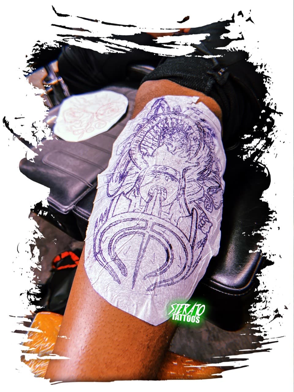 Illustrative + Line-work stencil tattoo on Thigh by Sierato_Tattoos on TattMe