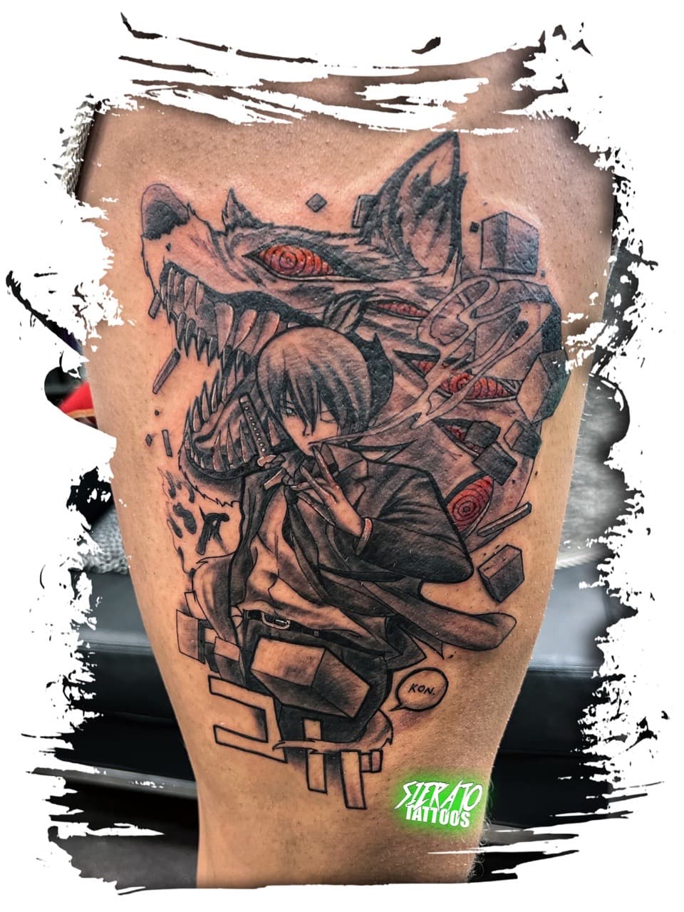 Anime + Black & Grey wolf tattoo on Thigh by Sierato_Tattoos on TattMe