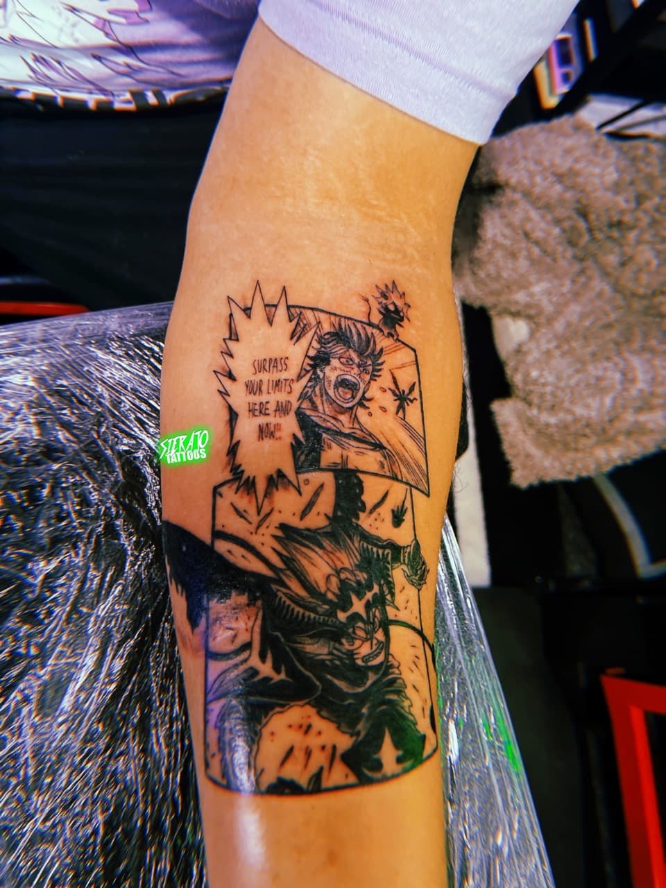 Anime + Black-work manga panel tattoo on Forearm by Sierato_Tattoos on TattMe