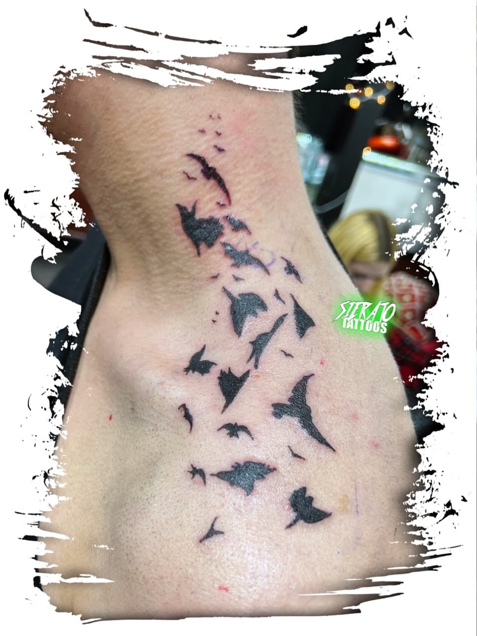 Black-work + Minimalist birds tattoo on Neck (Back) by Sierato_Tattoos on TattMe