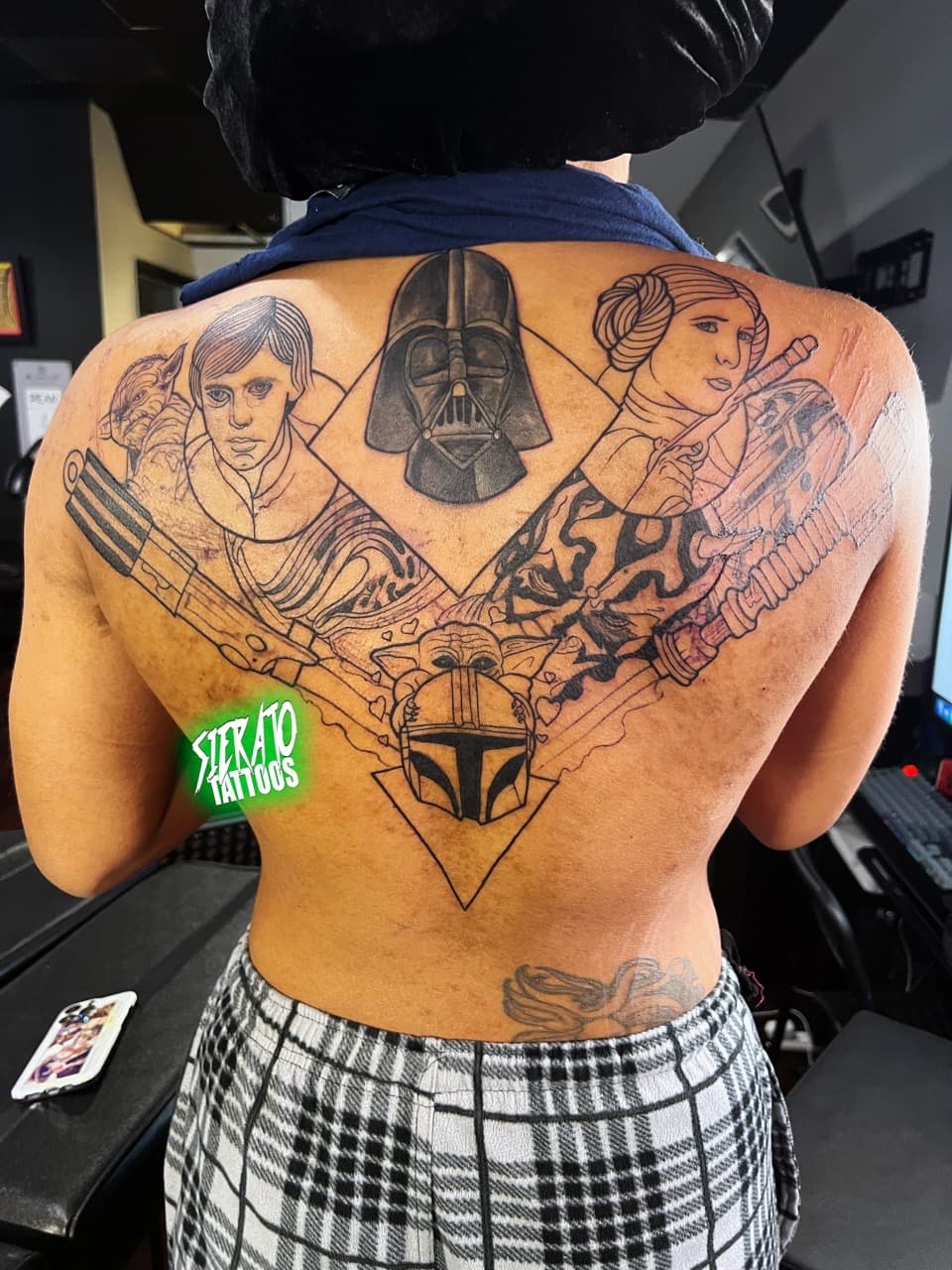 Pop Culture + Black & Grey star wars tattoo on Upper Back by Sierato_Tattoos on TattMe