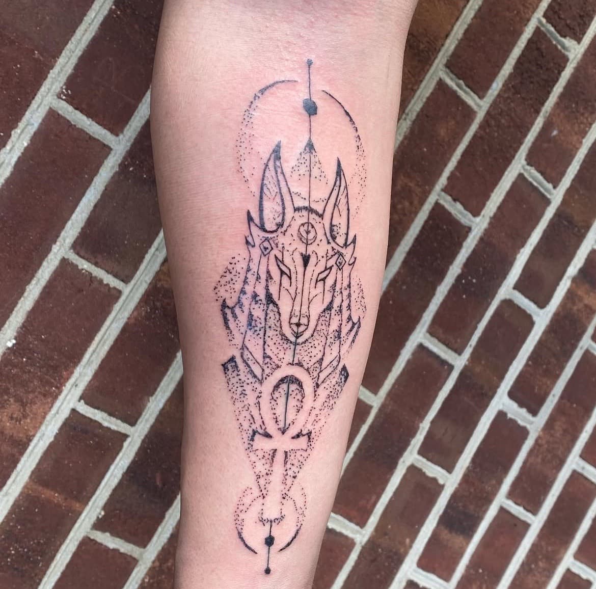 Dot-work + Black-work anubis tattoo on Forearm by Titan_Ink on TattMe