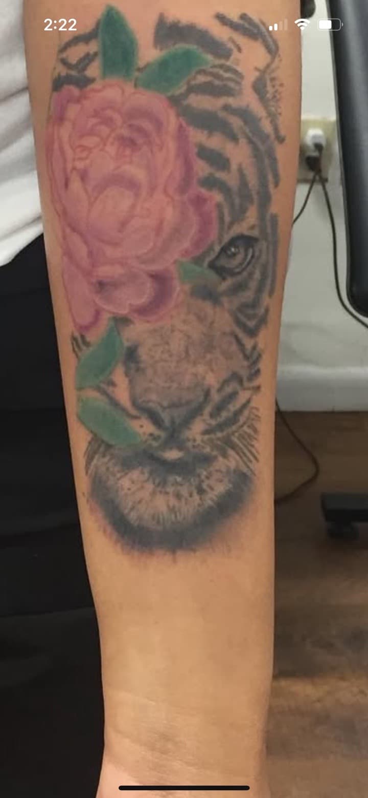Black & Grey + Floral tiger tattoo on Forearm by Titan_Ink on TattMe