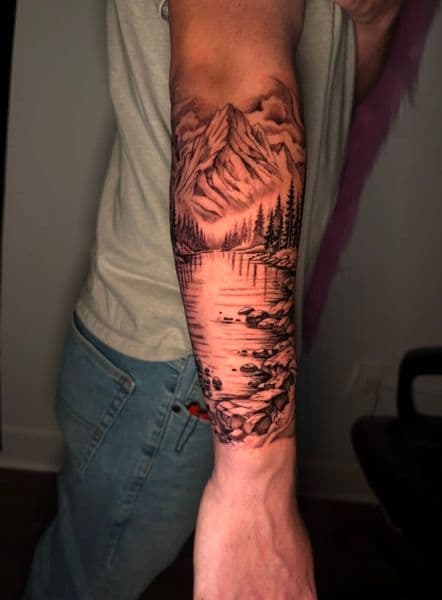 Black & Grey + Illustrative mountains tattoo on Forearm by inkstains_tattoo_studio on TattMe