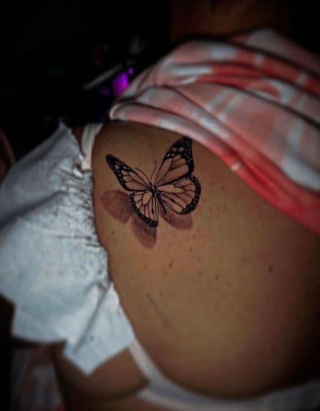 Fine Line + Black-work butterfly tattoo on Shoulder Blade by inkstains_tattoo_studio on TattMe