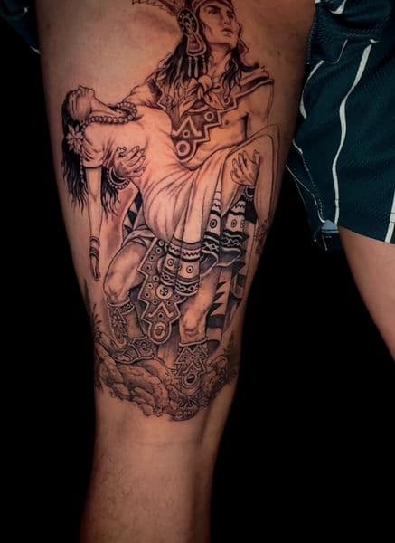 Black & Grey + Illustrative Realism man tattoo on Thigh by inkstains_tattoo_studio on TattMe