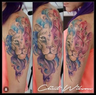 Watercolor + Geometric lioness tattoo on Upper Arm by Clint_Wilson on TattMe