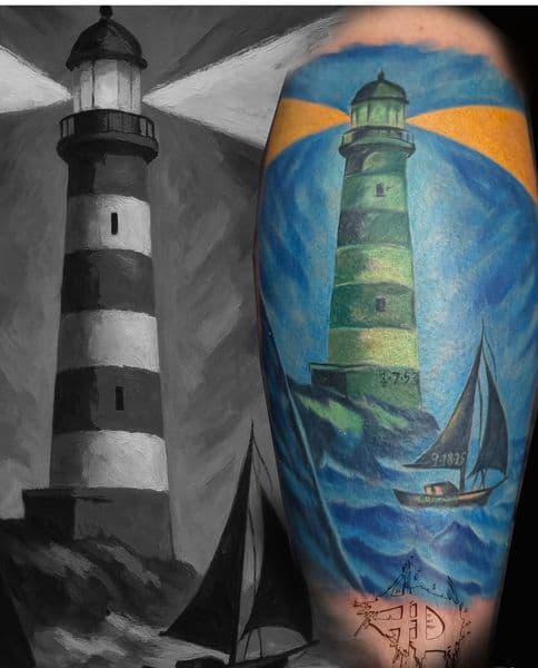 Color + Illustrative lighthouse tattoo on Upper Arm by Clint_Wilson on TattMe