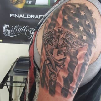 Black & Grey + Illustrative caduceus tattoo on Upper Arm by Clint_Wilson on TattMe