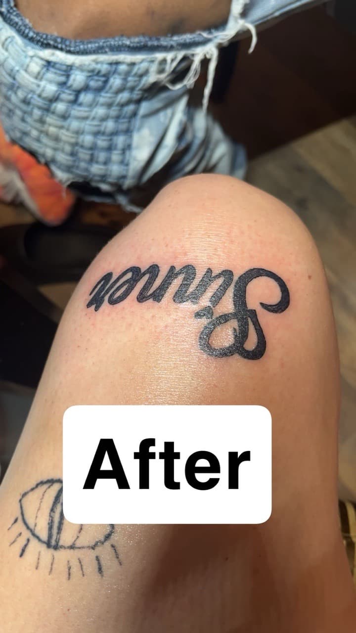 Lettering + Script name tattoo on Thigh by ink_Queens_Crystal on TattMe