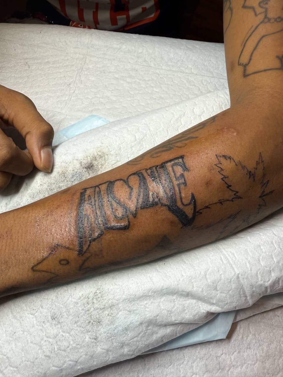 Lettering + Line-work cannabis leaf tattoo on Forearm by ink_Queens_Crystal on TattMe