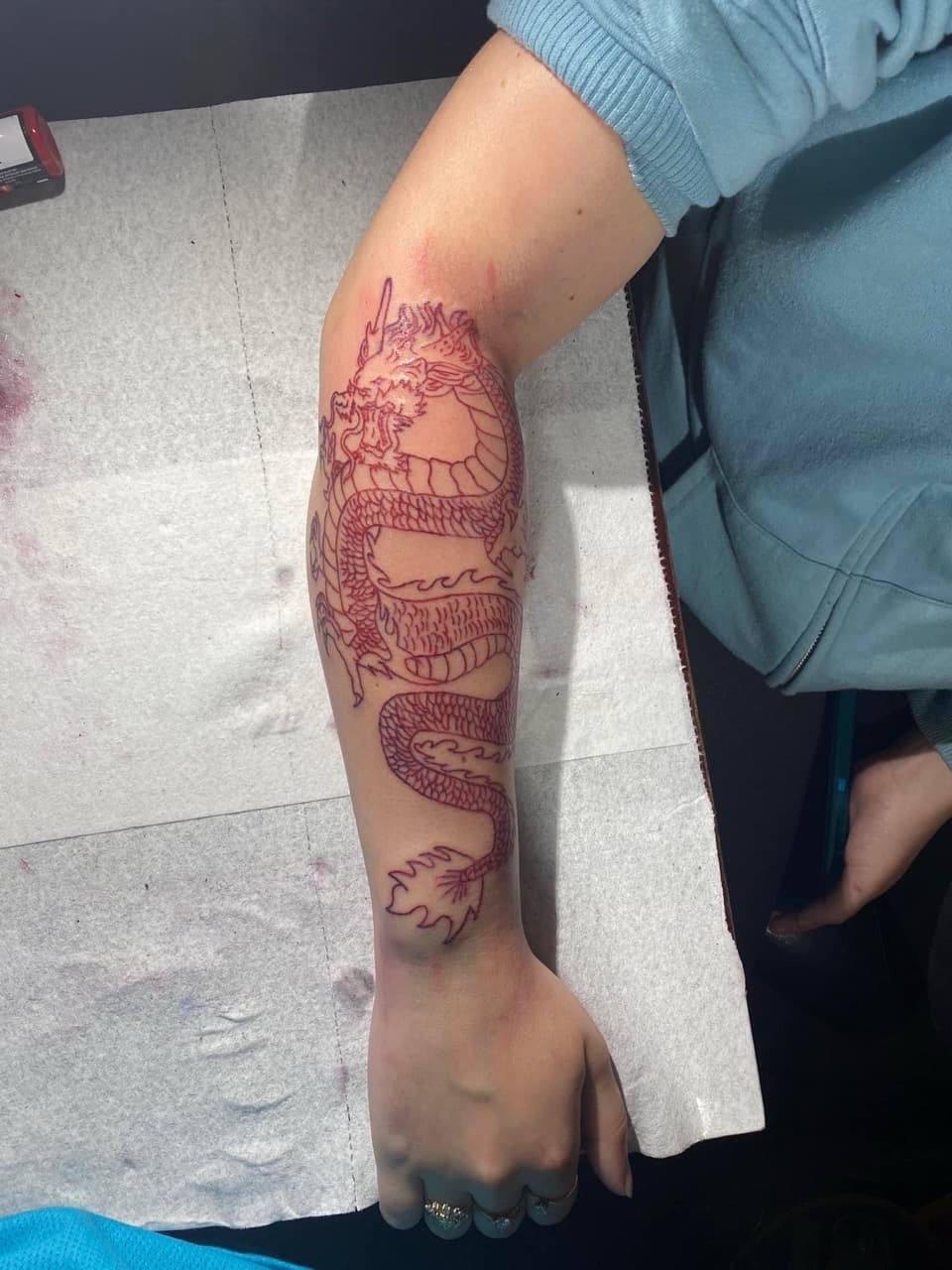 Japanese + Line-work dragon tattoo on Forearm by 4oeMag_Tattoos on TattMe