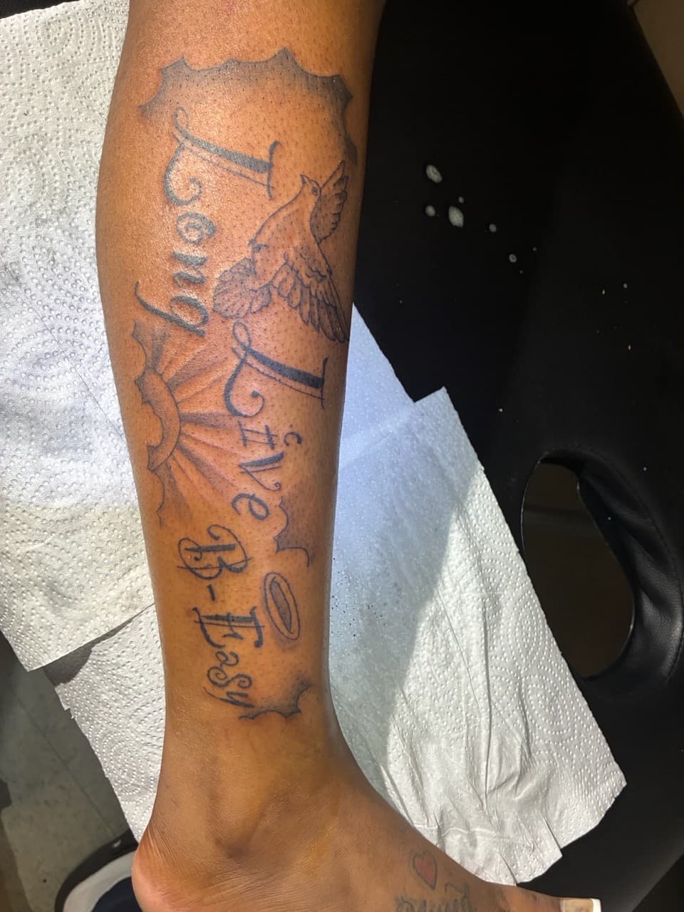 Lettering + Illustrative dove tattoo on Calf by 4oeMag_Tattoos on TattMe